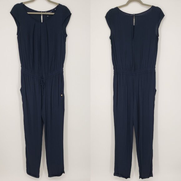 Woolrich Fluid Crepe Jumpsuit S Womens Navy Blue Tapered Legs Ankle Drawstring
